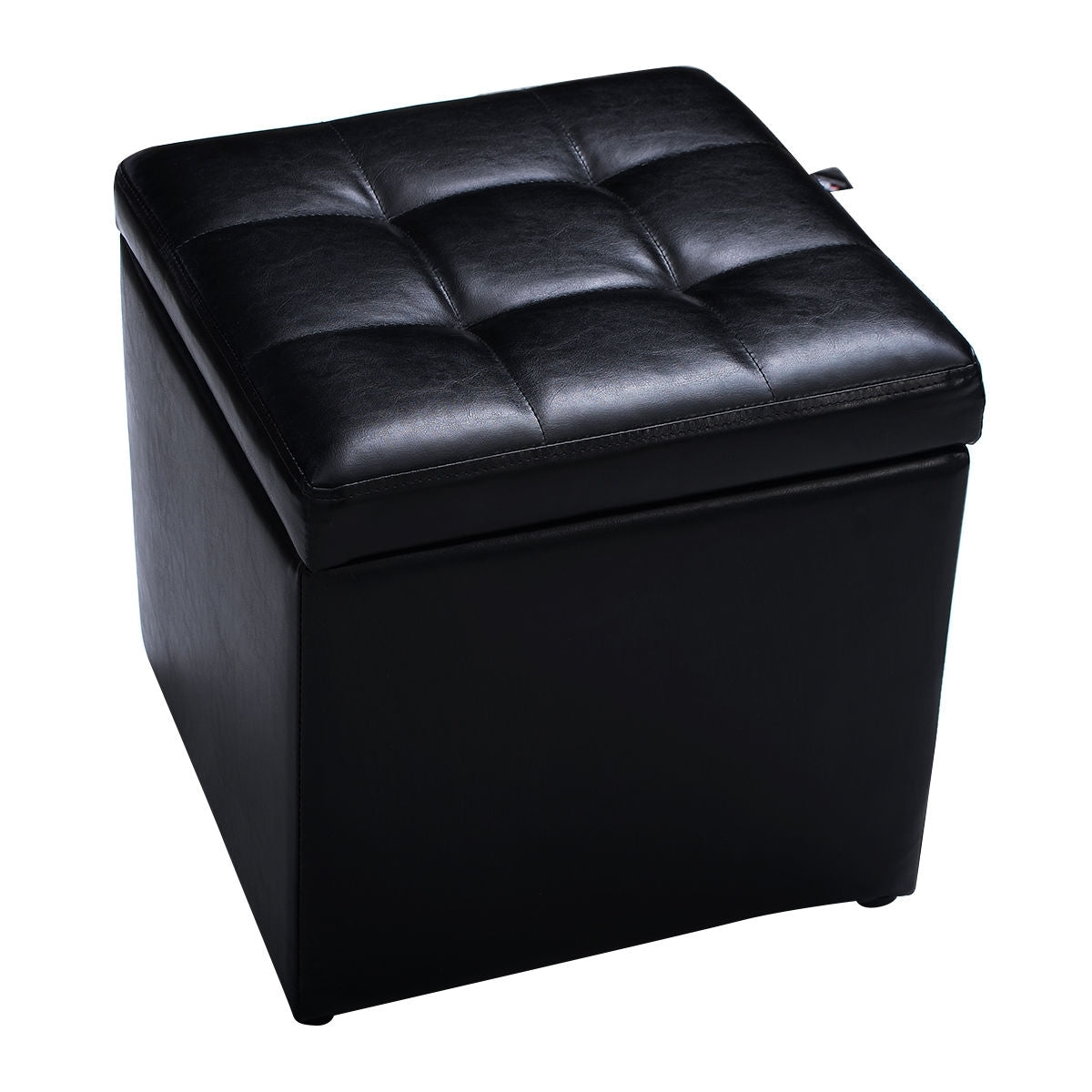 Foldable Cube Ottoman Pouffe Storage Seat - Black Faux Leather