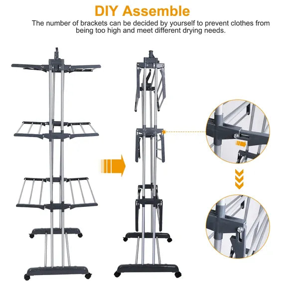 Clothes Drying Rack Rolling Collapsible Laundry Dryer Hanger Stand