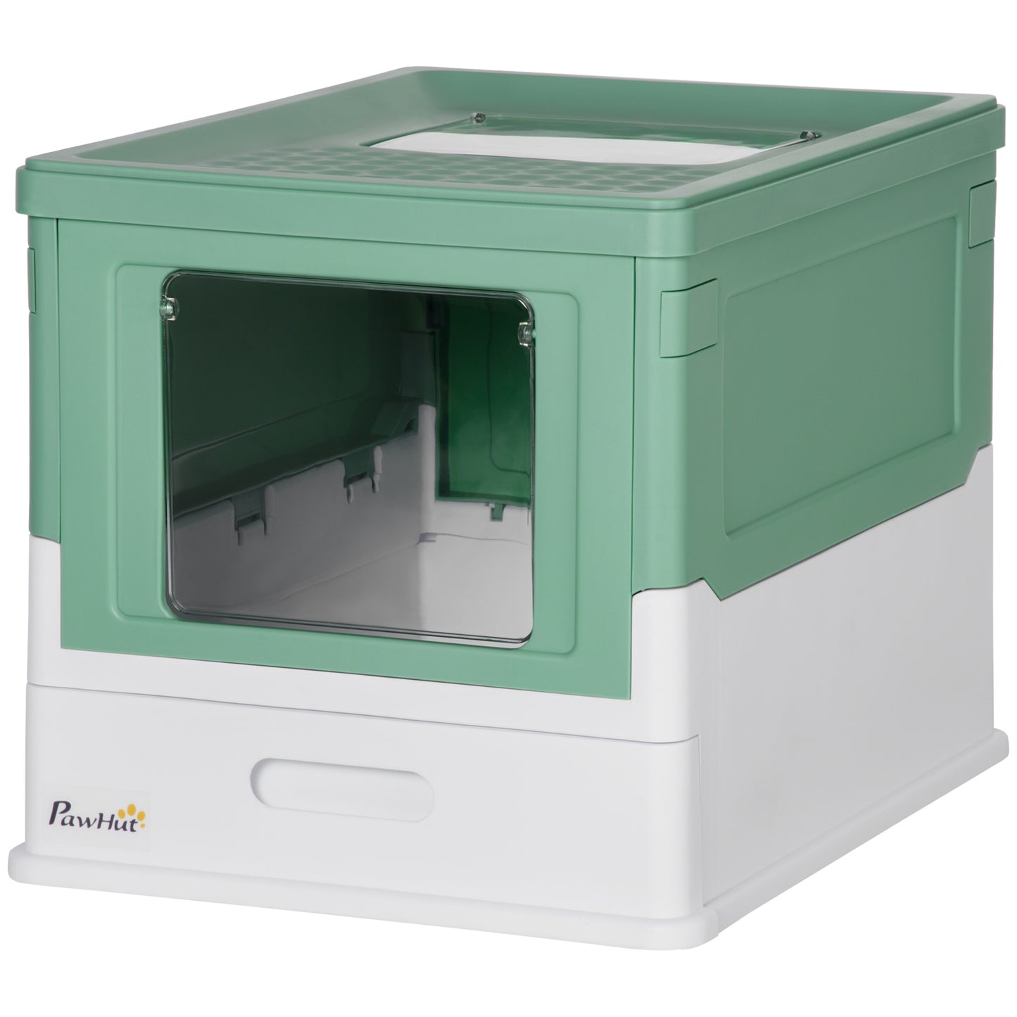 Enclosed Cat Litter Box with Front Entry Top Exit, Green & White, Large