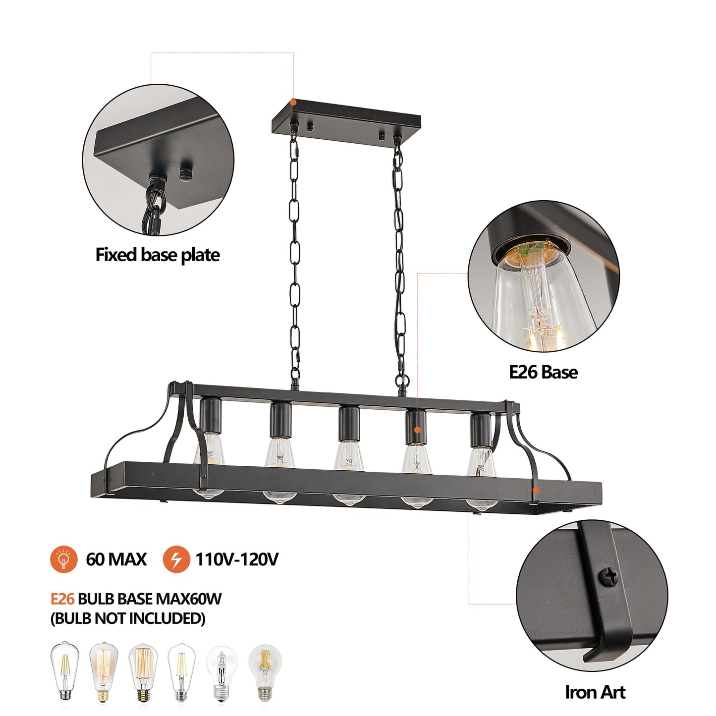 34-Inch Black Industrial Pendant Light with 5 E26 Sockets - Adjustable Height Chandelier