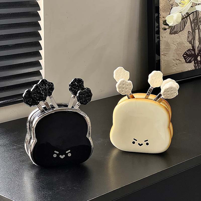 Cartoon Bread Shaped Fruit Fork Cruet Set, Ceramic Milky White or Black