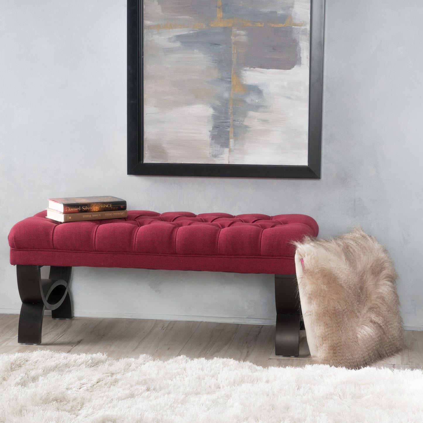 Red Fabric Ottoman Bench with Button Tufting