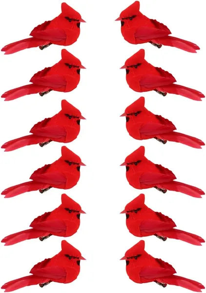Mini Cardinal Birds for Crafts - Red Velvet & Feathers, 12 Pcs