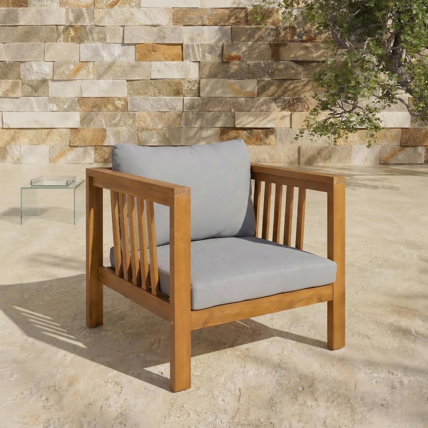 Outdoor Acacia Wood Club Chair With Modern Square Arms, Patio Thick