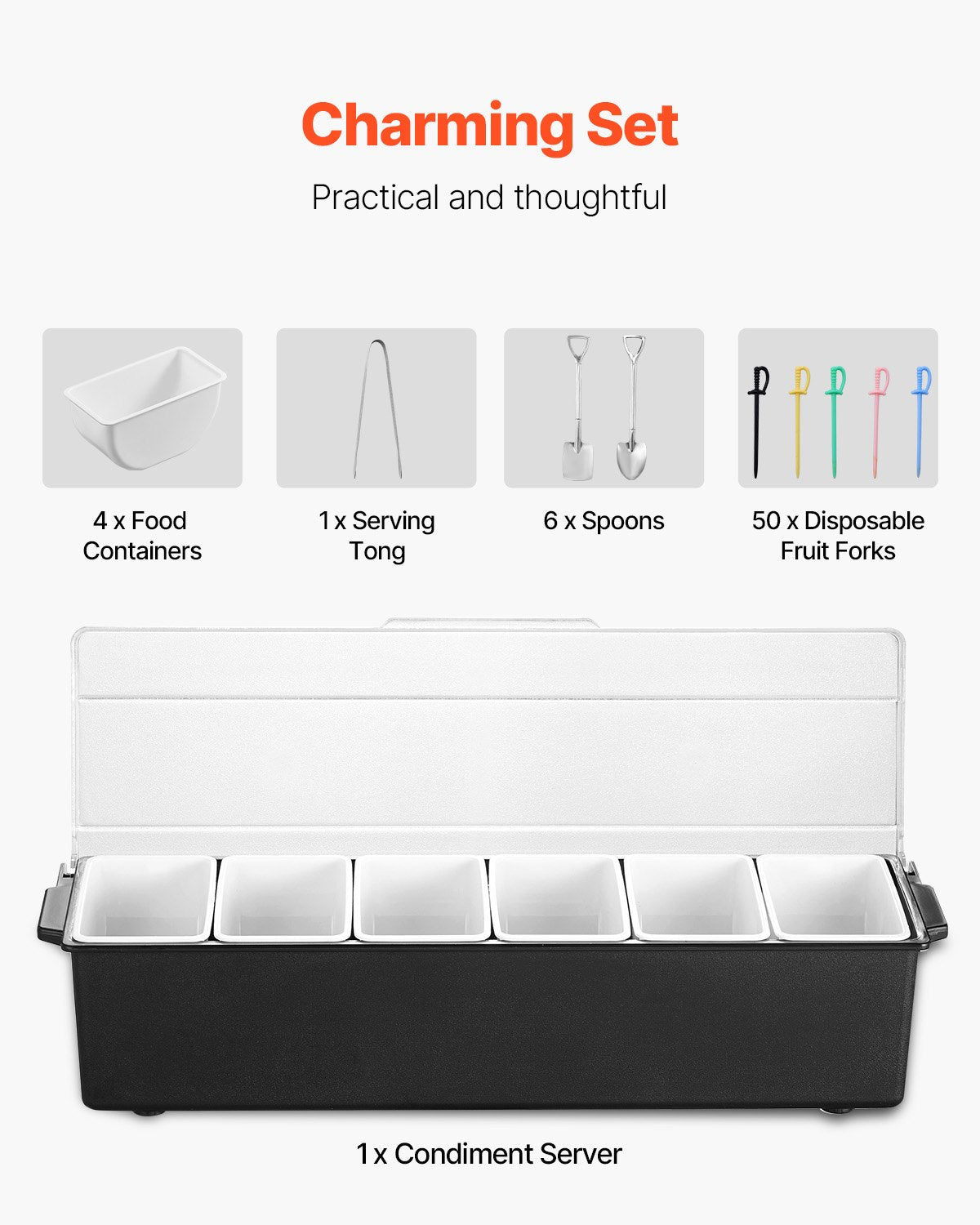 Chilled Condiment Server with Lid - 6 Compartment Serving Tray