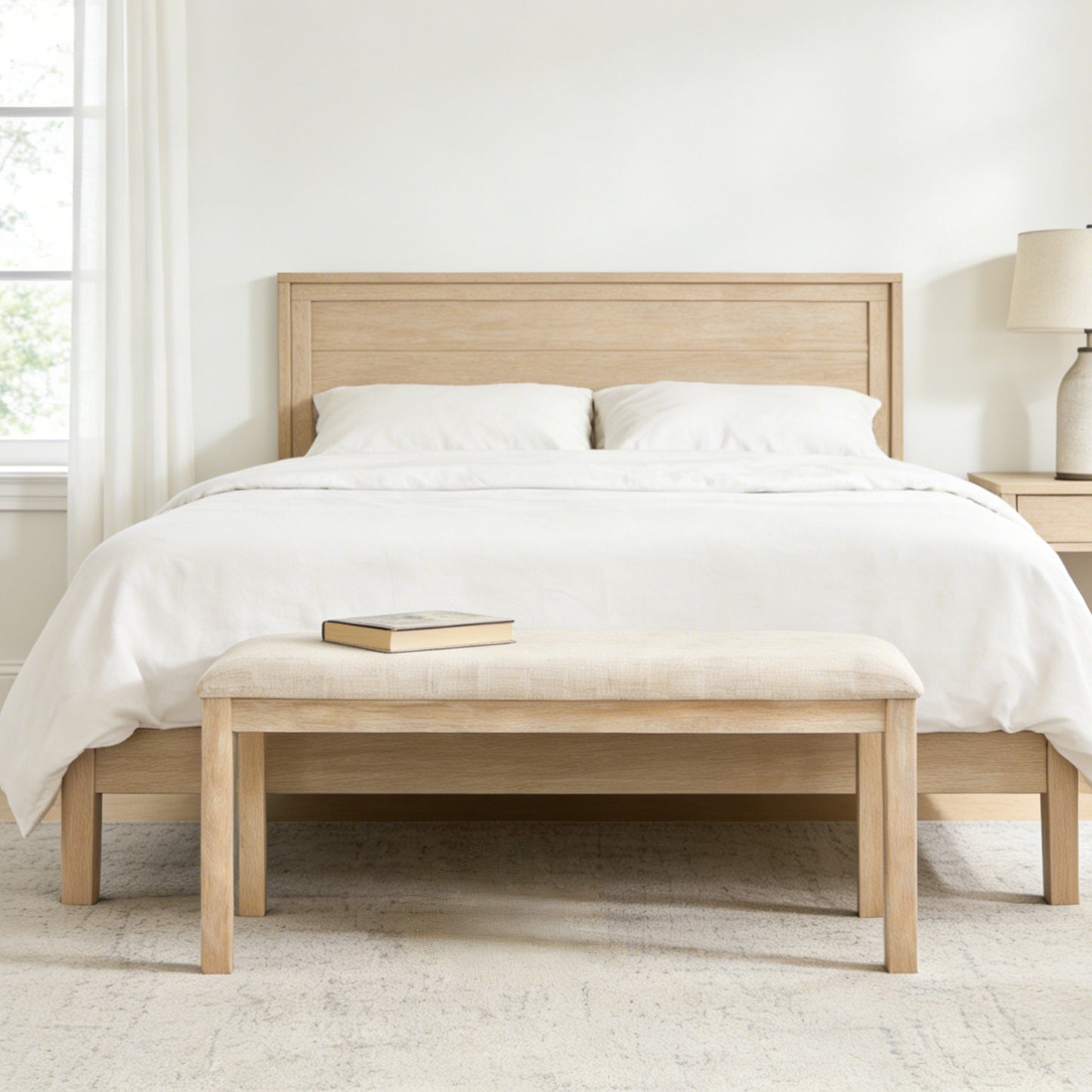 38-Inch Upholstered Dining Bench with Solid Wood Legs - Light Oak & Beige