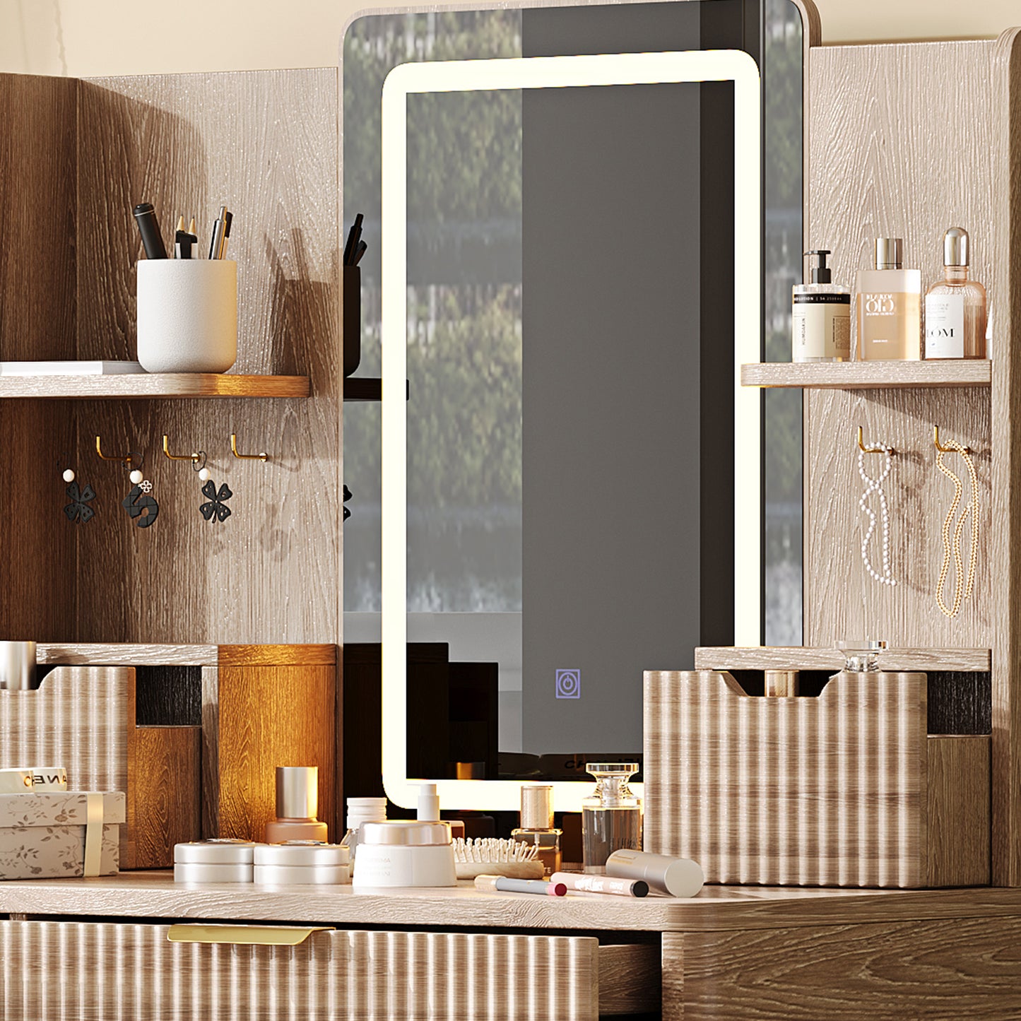 7-Drawer Vanity Desk With LED Mirror & Carved Details, Fluted Makeup