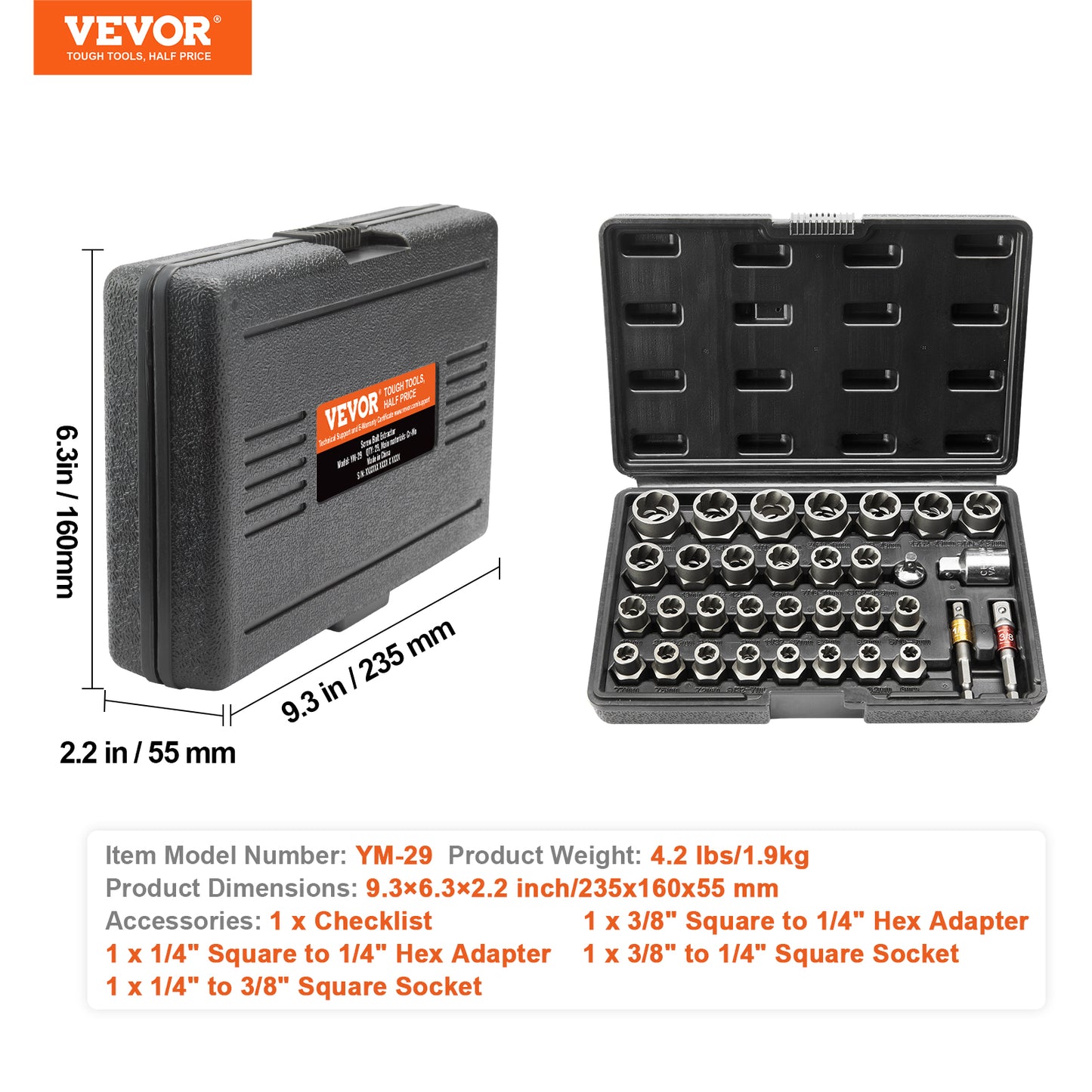 29-Piece Bolt Extractor Set for Damaged Rusted Bolts and Nuts - Steel Socket Wrench Kit