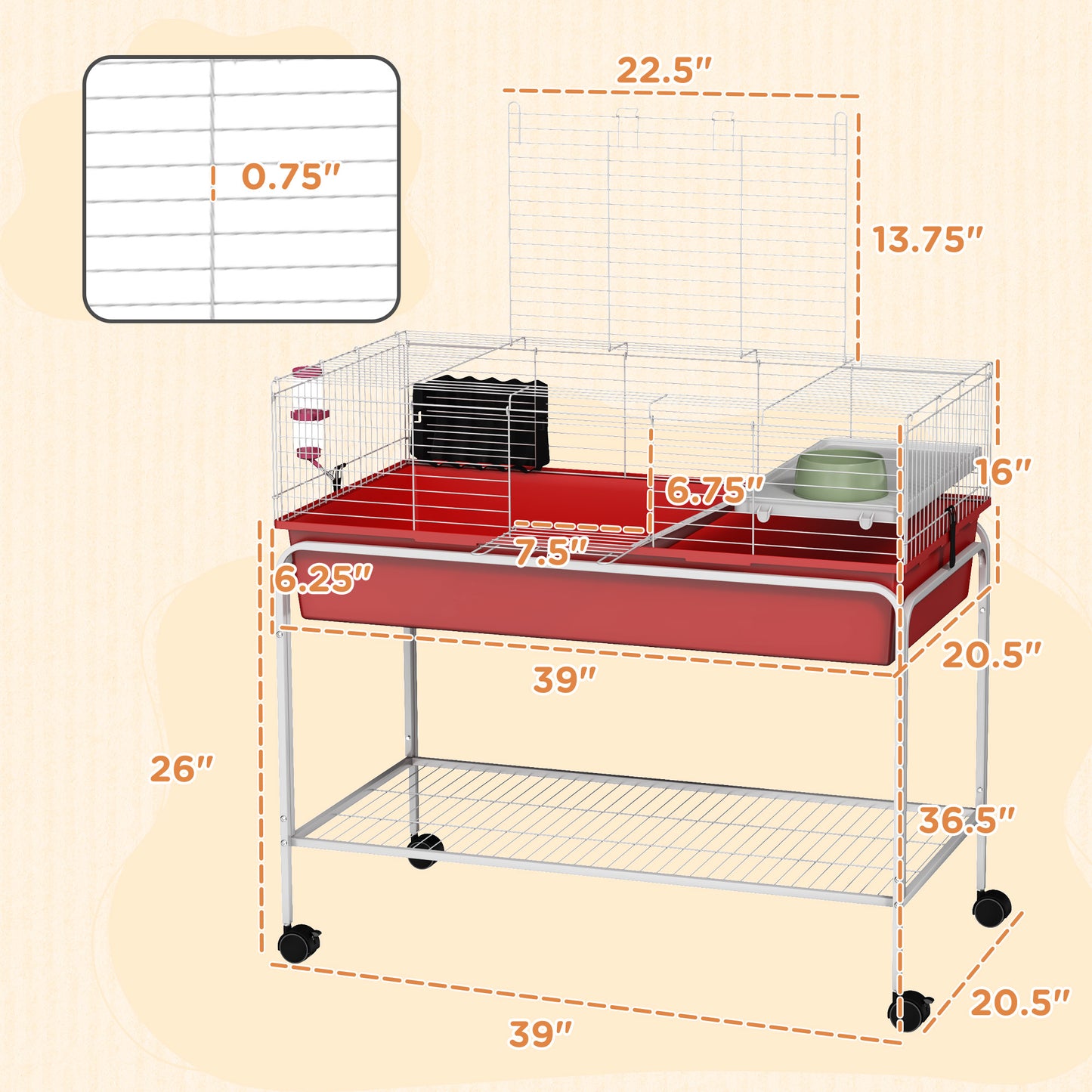 Small Animal Cage with Removable Stand, Wheels & Shelf - 39x20.5x36.5 Inches, Red