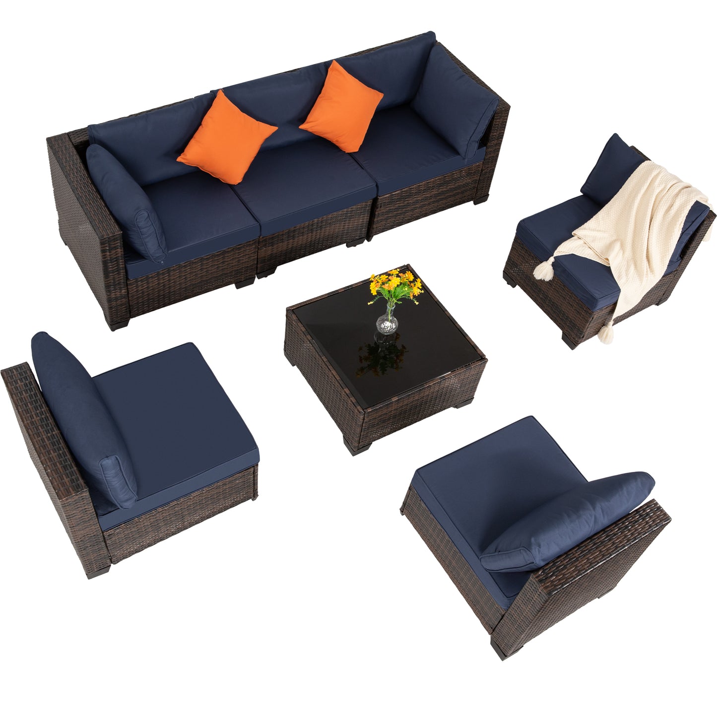 7-Piece Outdoor Patio Furniture Set - All-Weather Wicker Sectional Sofa with Cushions & Glass Table - Brown