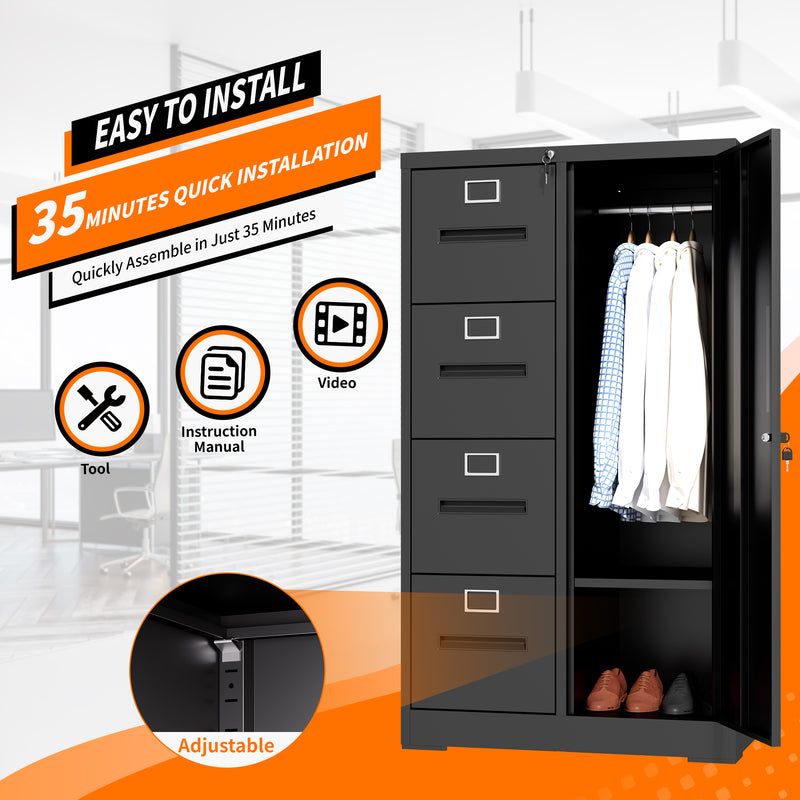 Metal Vertical Filing Cabinet with Lock - 4 Drawers & Door, Black
