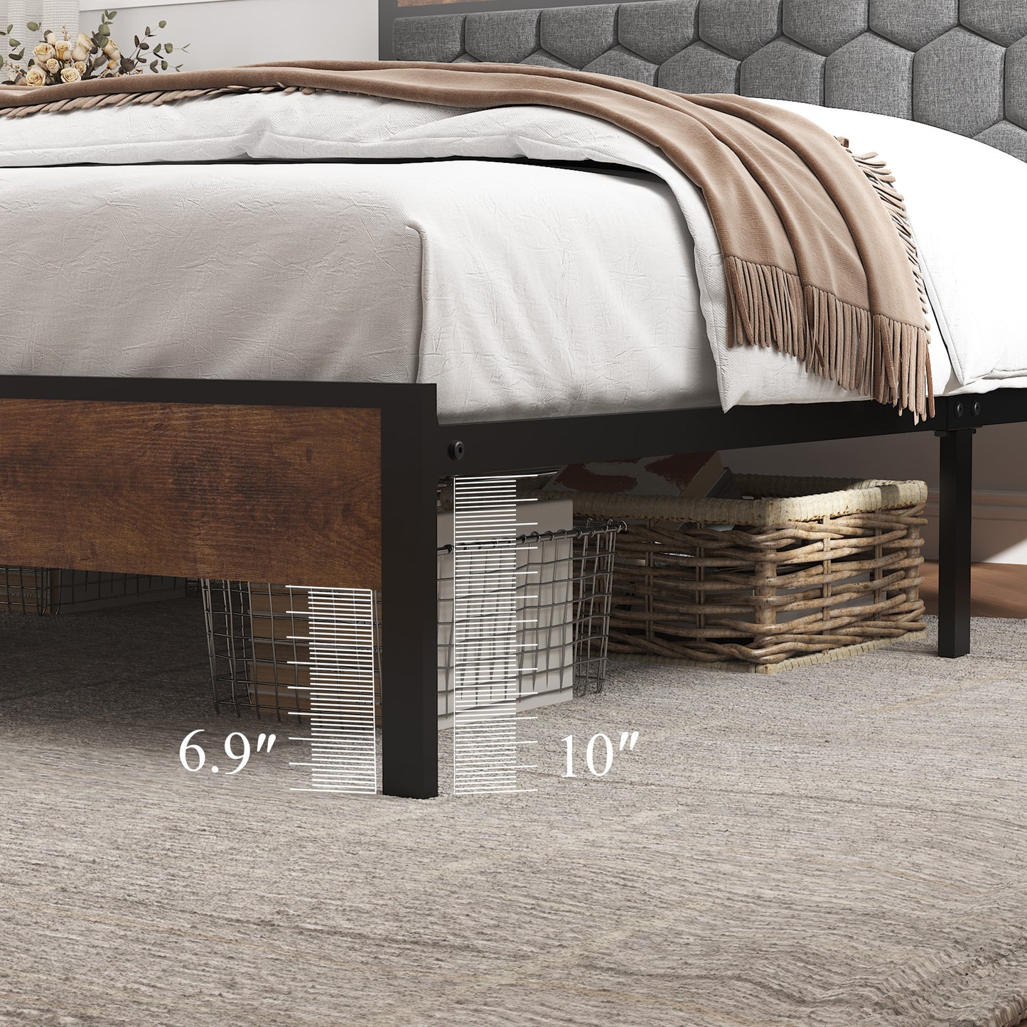 Full Wood Platform Bed Frame with Upholstered Headboard, USB Ports & Underbed Storage