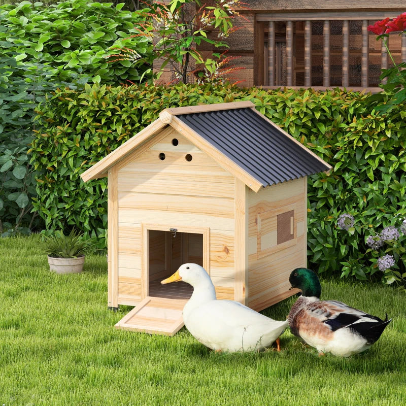 Wooden Duck House with Openable Roof & Double Doors for Pets - Natural Finish