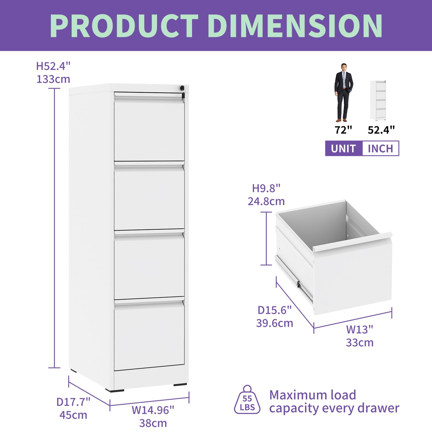 4 Drawer Metal Vertical File Cabinet With Lock Office Home Steel For