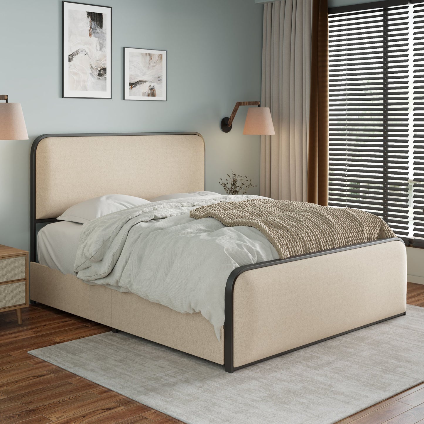 Queen Size Modern Metal Bed Frame with Upholstered Headboard & 4 Drawers - Beige