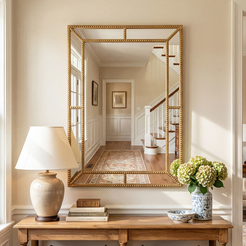 Gold Beaded Wall Mirror - 36" x 24" Decorative Metal Frame for Home Decor