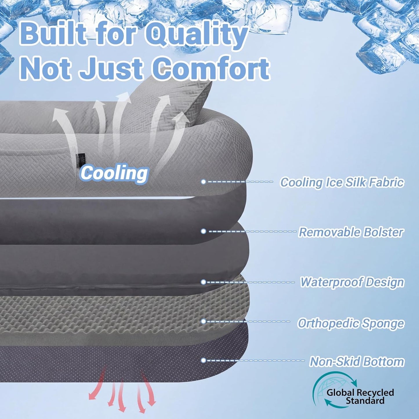 Cooling Dog Bed for Adults & Pets - Breathable Washable Lounger 72x41x12 Inches - Glacier Grey