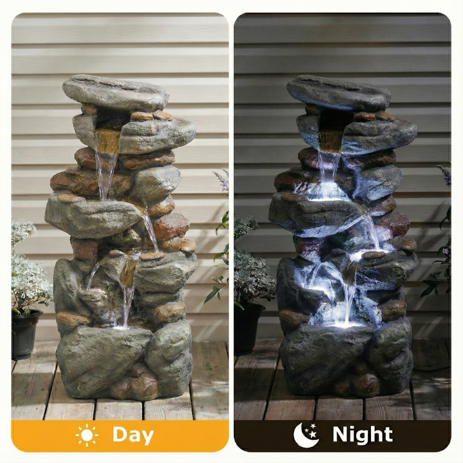 Large Outdoor Water Fountain with LED Lights - Stone-Style Garden Decor 30in