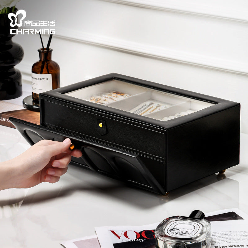 Large Capacity Jewelry Organizer Box with Multiple Compartments - Black Leather