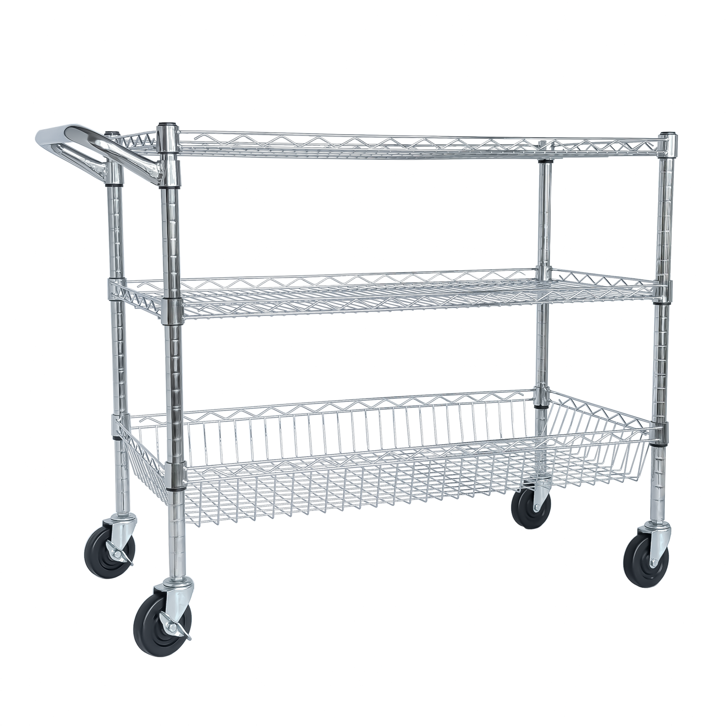 Heavy Duty 3-Tier Rolling Utility Cart with Handle and Shelves - Chrome