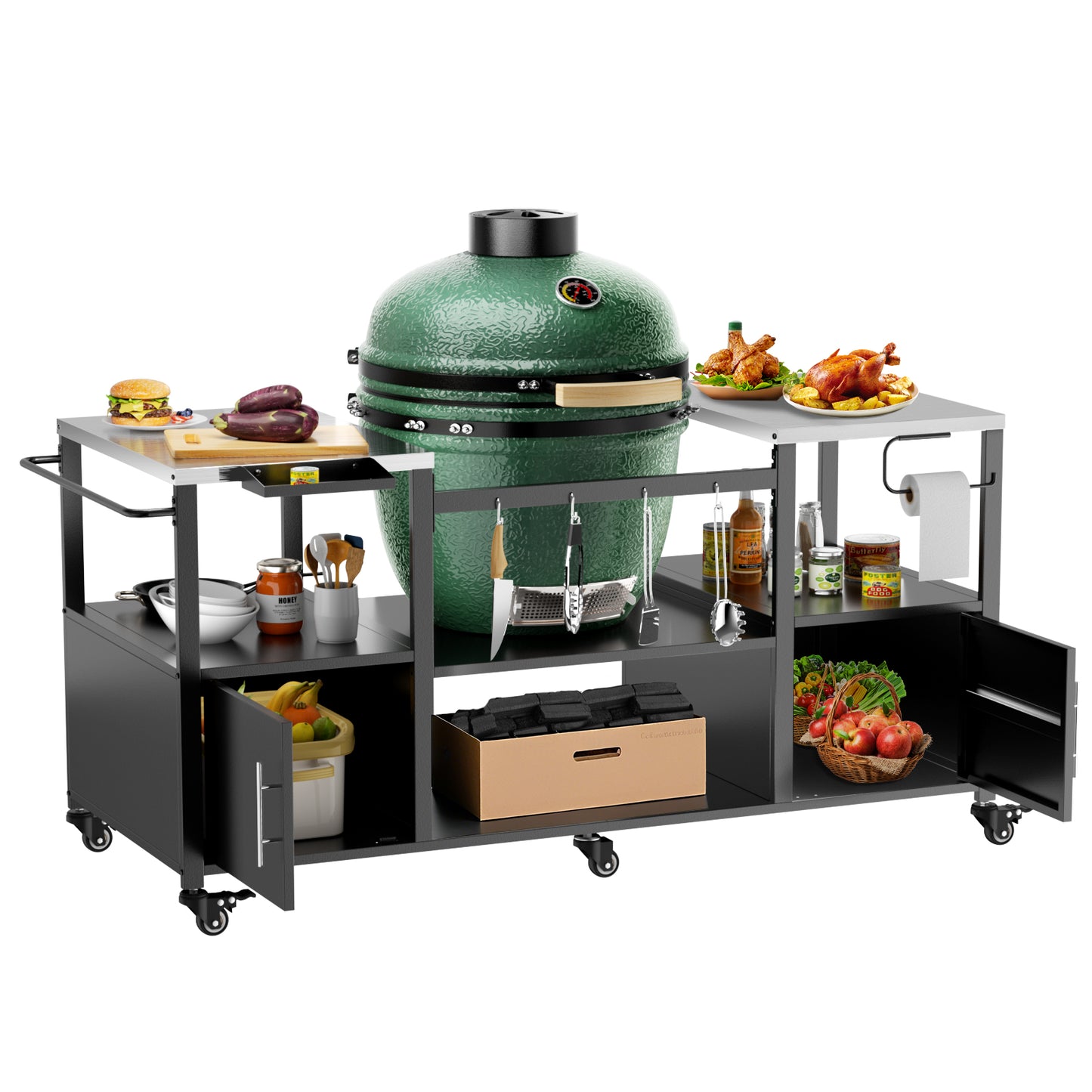 Outdoor Grill Cart for Big Green Egg & Kamado Joe - Metal BBQ Table with Storage