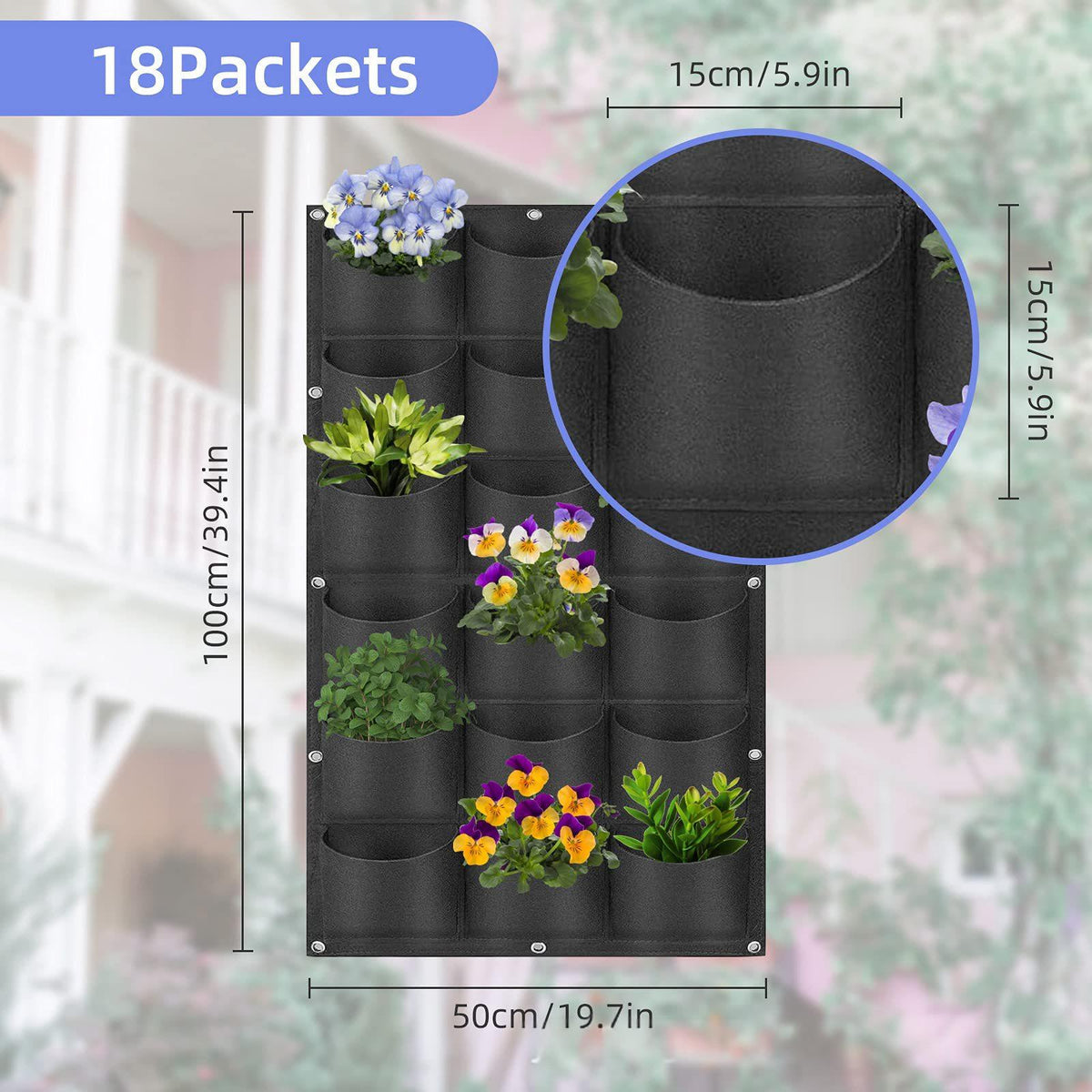 Vertical Wall-Mounted Planting Bag with 18 Pockets - Garden Storage Bag, Black 50x100cm