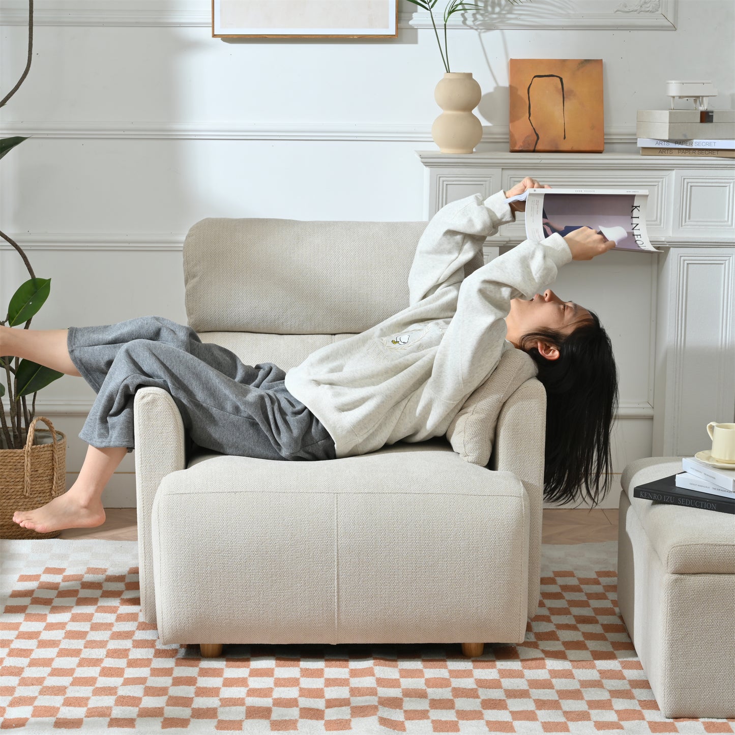 Oversized Accent Chair with Storage Ottoman - Beige & Gray