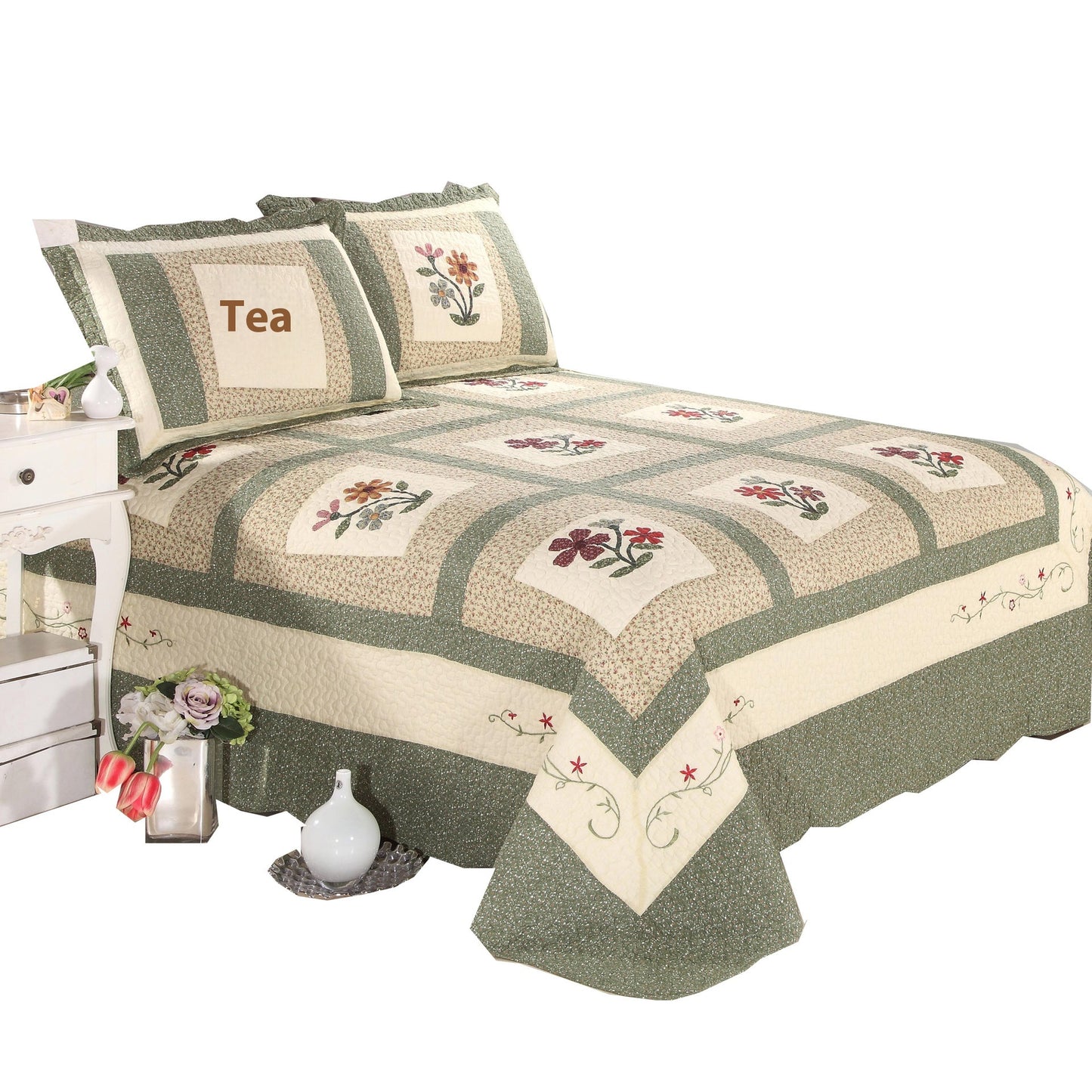 Cotton Summer Duvet Cover Set with Pillowcases - Green, 3 Pieces