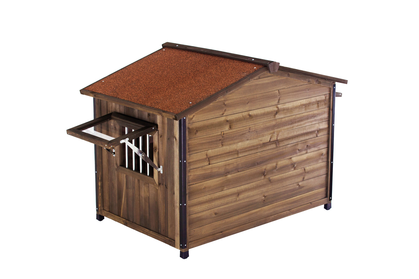 Outdoor Wooden Dog Kennel with Iron Frame and Waterproof Roof - Large