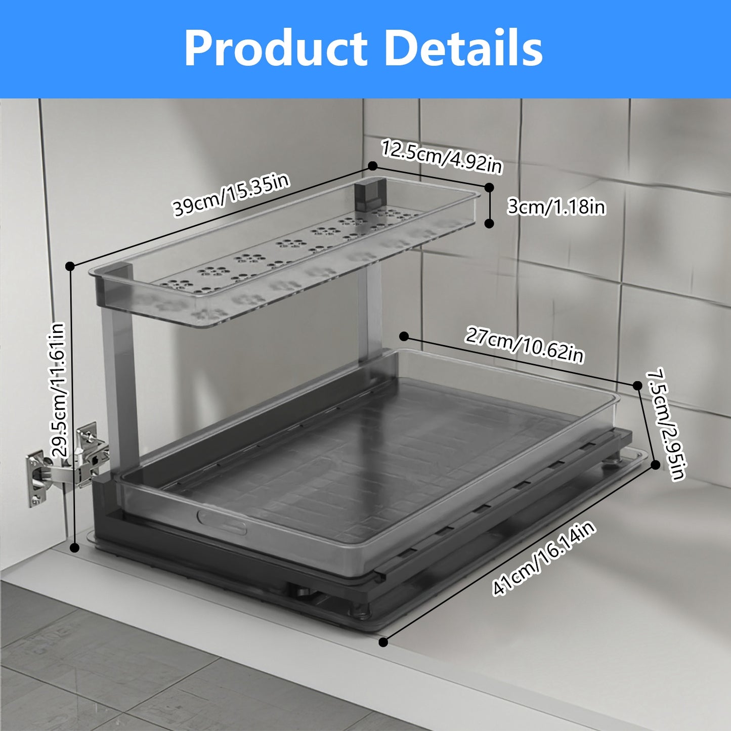 2-Tier Under Sink Organizer with Sliding Drawer - L-Shaped