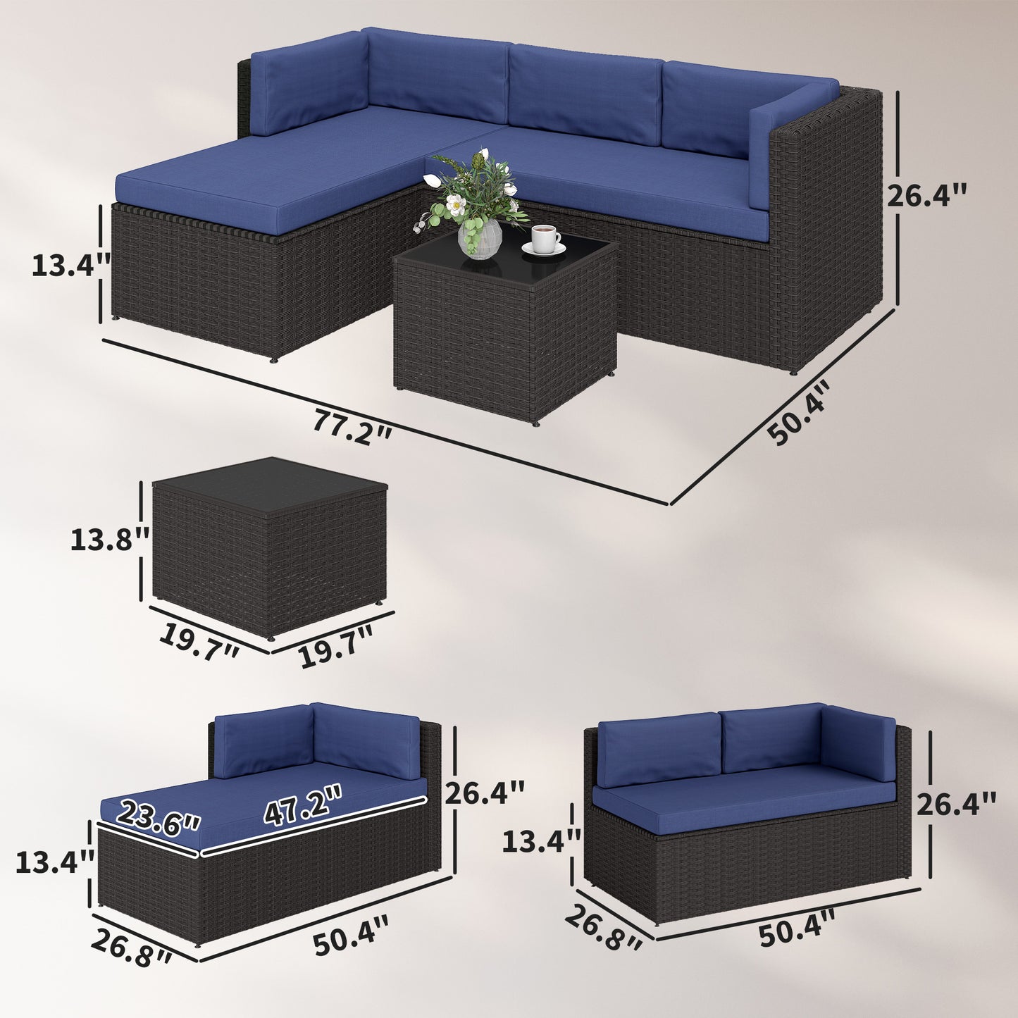 3-Piece Wicker Patio Furniture Set with Cushions & Glass Table - Navy Blue