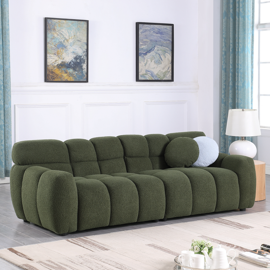 Olive Green Boucle Sofa - 3 Seater with Rolled Arms