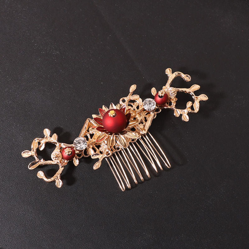 Chinese Style Bride Phoenix Crown Headband - Red Alloy Vintage Hair Accessory