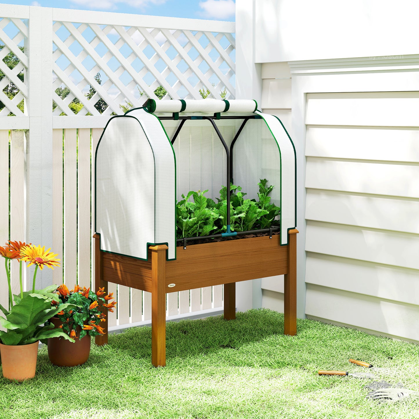 Raised Garden Bed with PE Greenhouse Cover - Outdoor Planter Box for Herbs and Vegetables, 35 x 22 x 47 inches, Brown