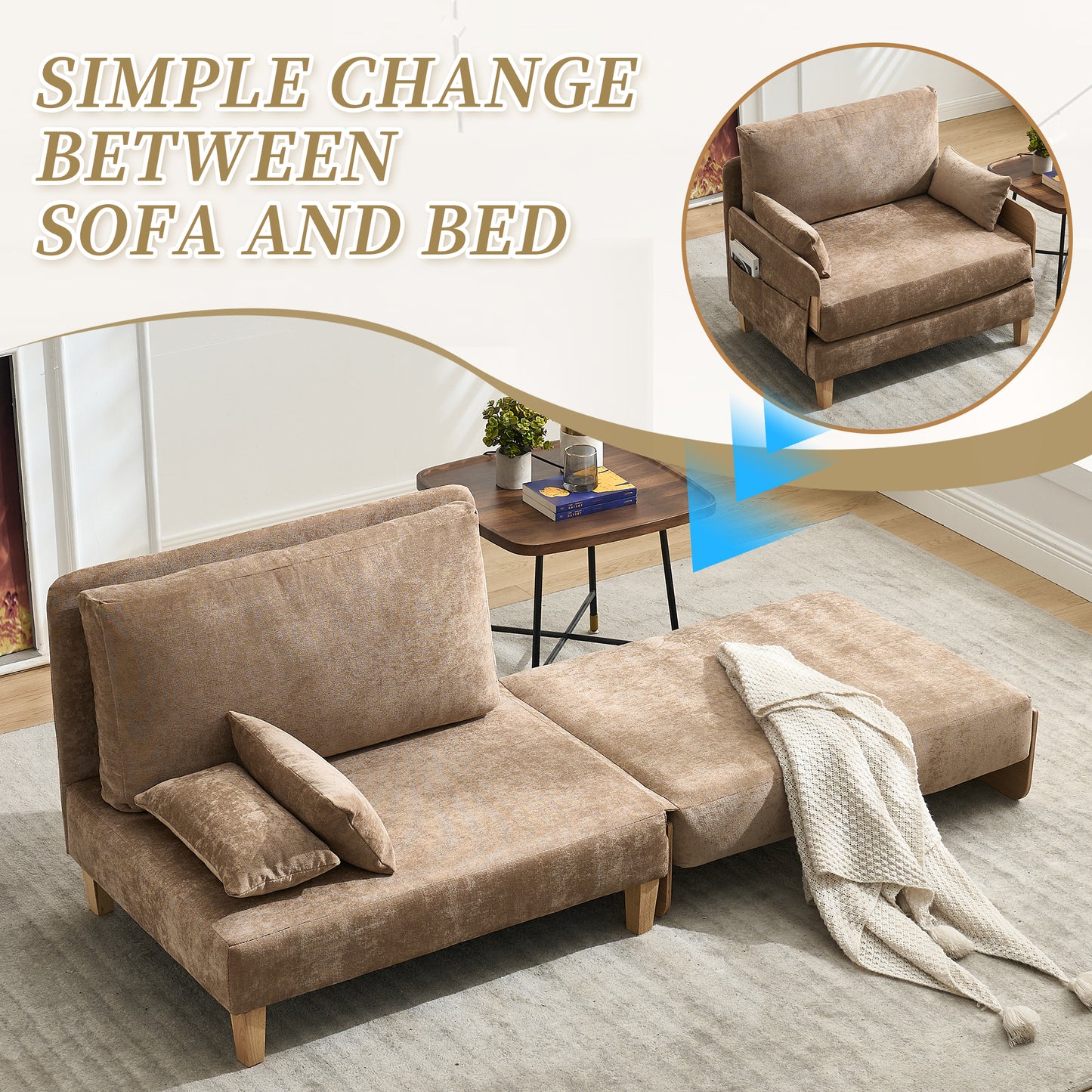 Foldable Sofa Bed Recliner - 3-in-1 Convertible Sleeper, Light Brown