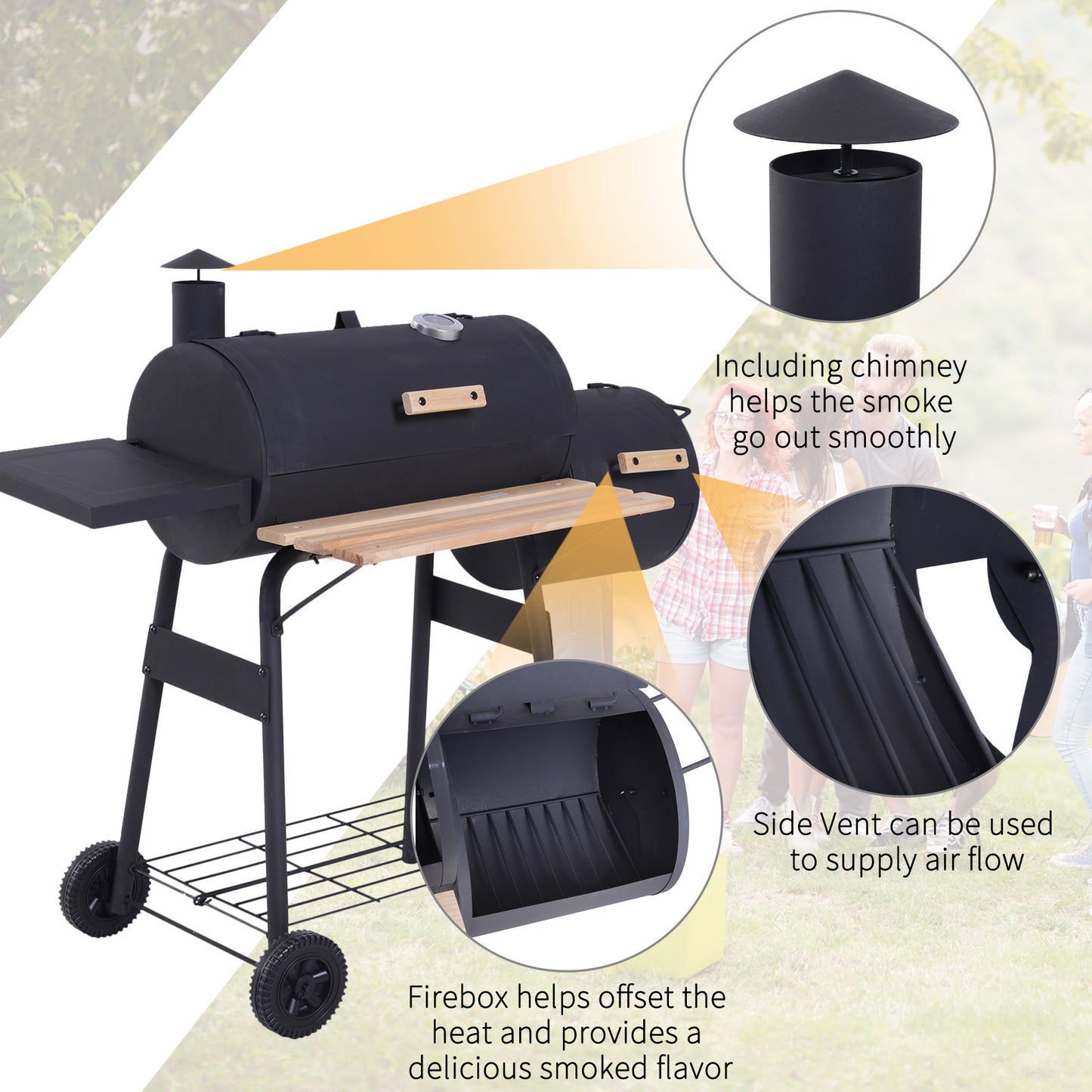 Portable Charcoal BBQ Grill with Wheels & Thermometer - Black