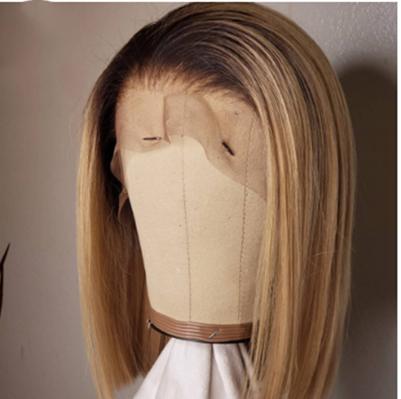 Ombre Short Bob Lace Front Human Hair Wig - Yellow