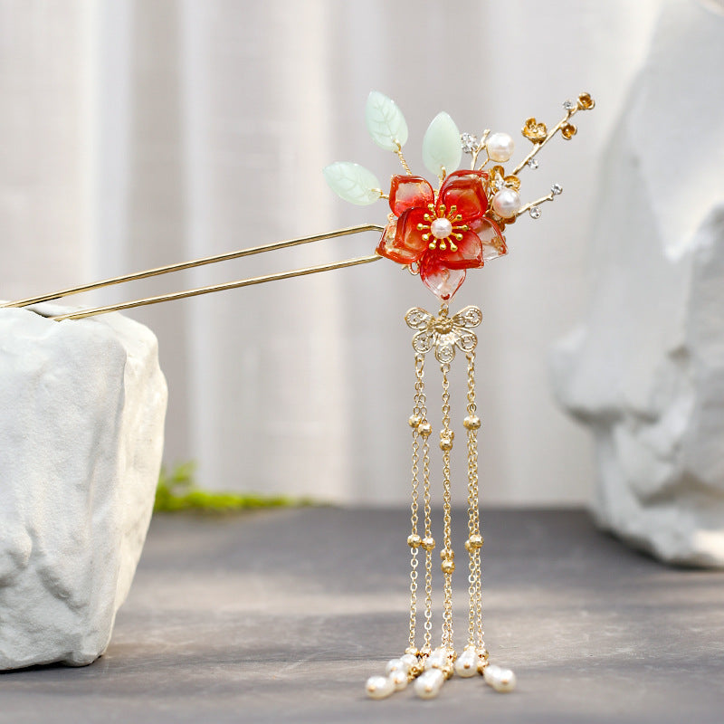 Red Flower Hairpin - Retro Alloy Hair Accessory