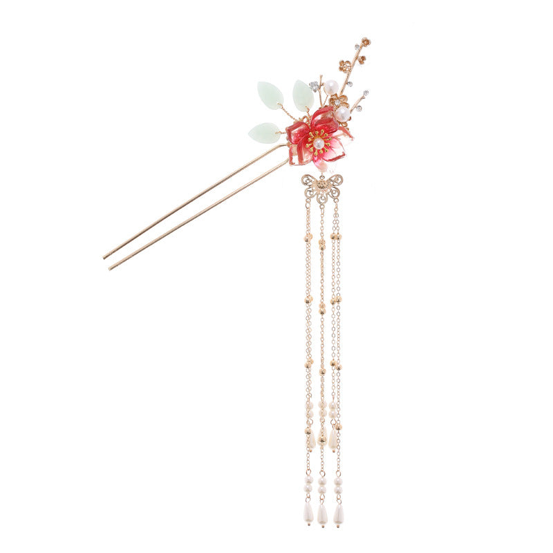 Red Flower Hairpin - Retro Alloy Hair Accessory