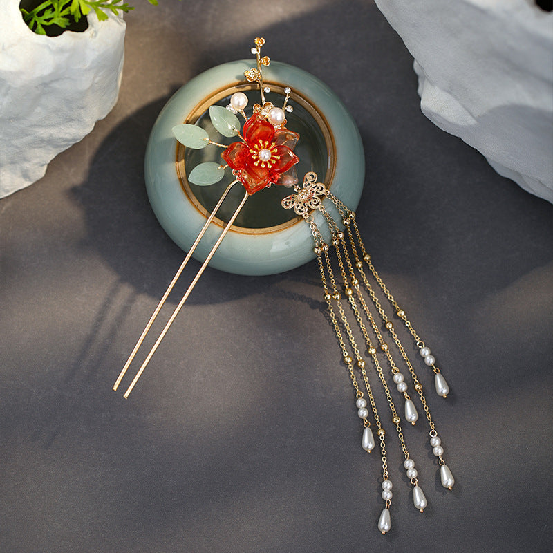Red Flower Hairpin - Retro Alloy Hair Accessory