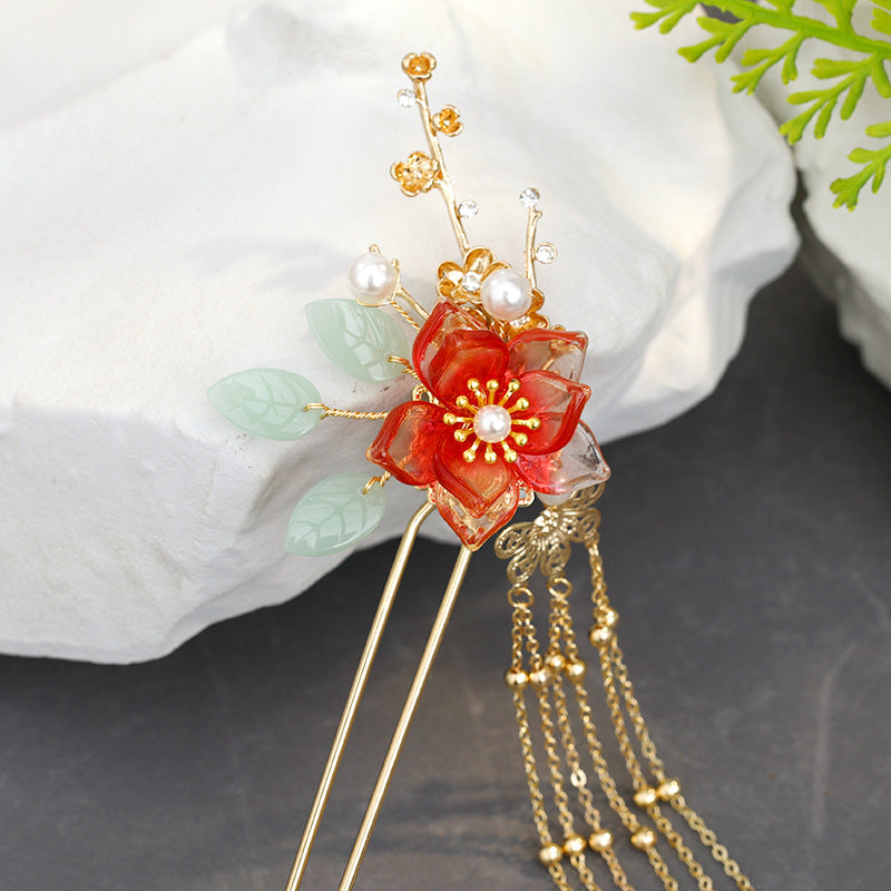 Red Flower Hairpin - Retro Alloy Hair Accessory