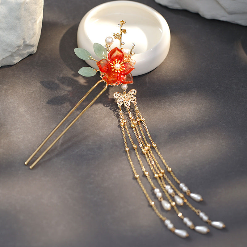 Red Flower Hairpin - Retro Alloy Hair Accessory