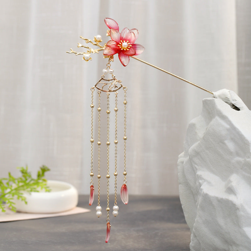 Vintage Flower Tassel Hairpin - Red