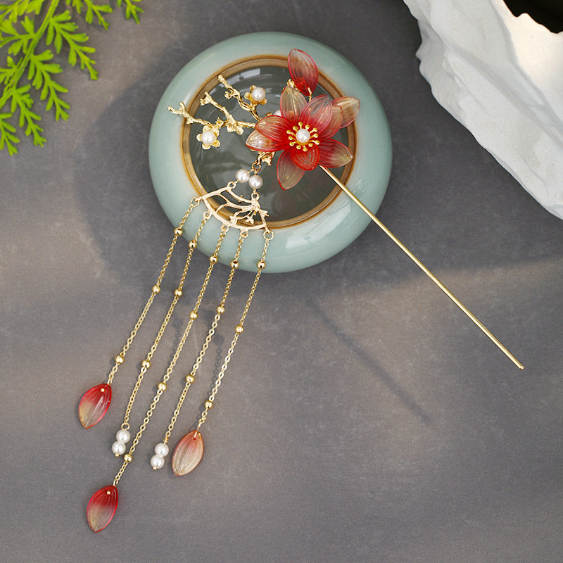 Vintage Flower Tassel Hairpin - Red