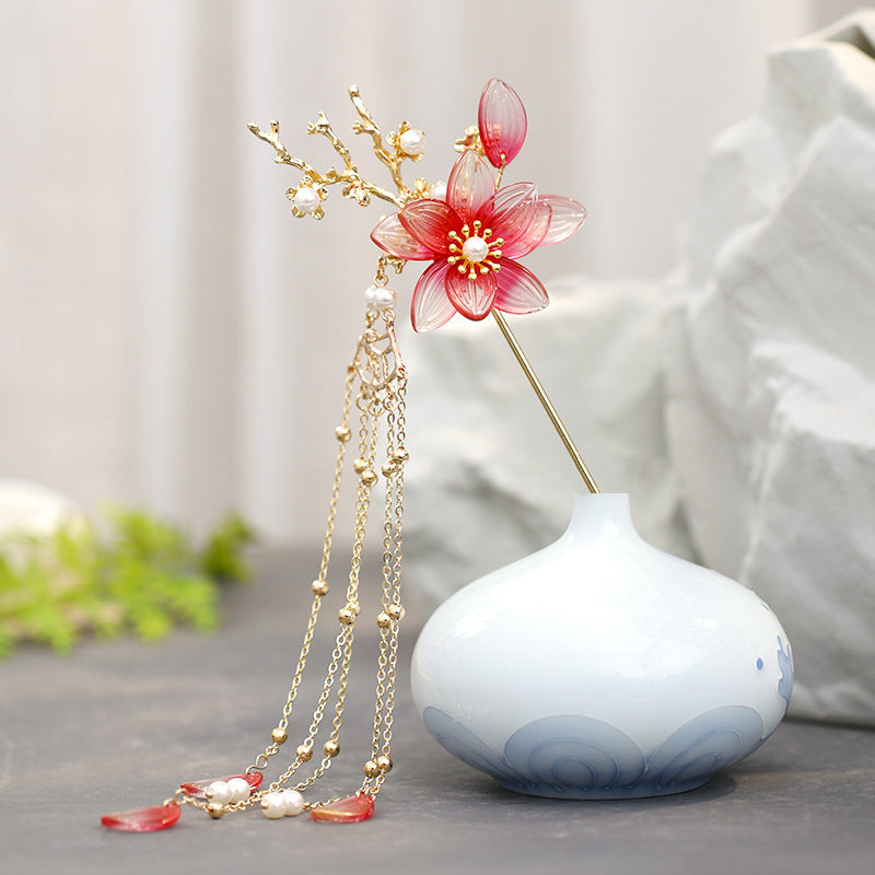 Vintage Flower Tassel Hairpin - Red