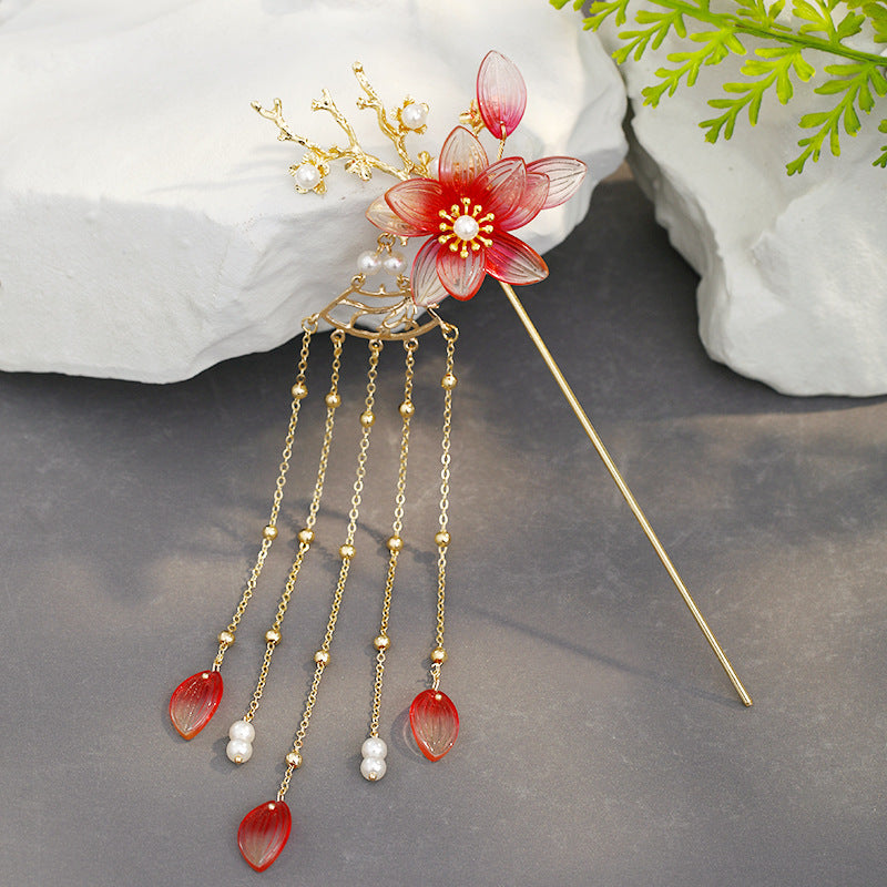 Vintage Flower Tassel Hairpin - Red