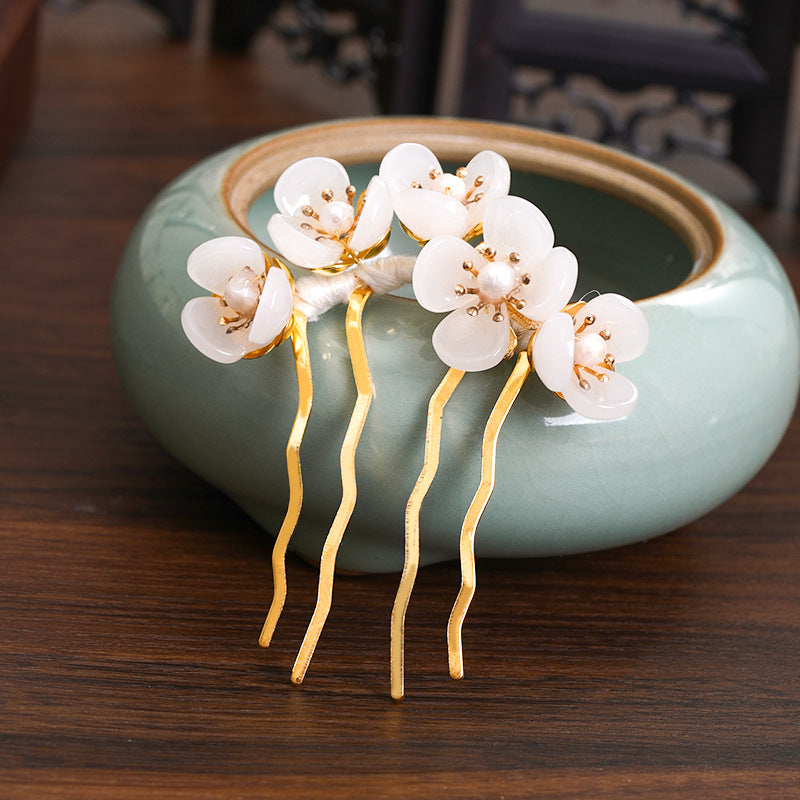 Antique Handmade Beaded Hairpin - White
