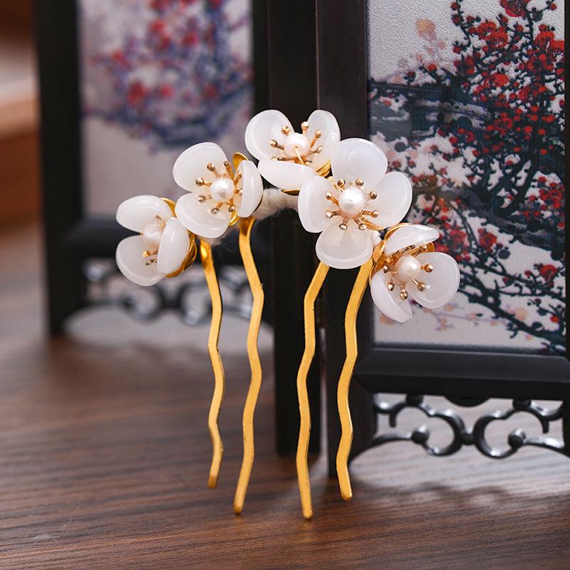 Antique Handmade Beaded Hairpin - White