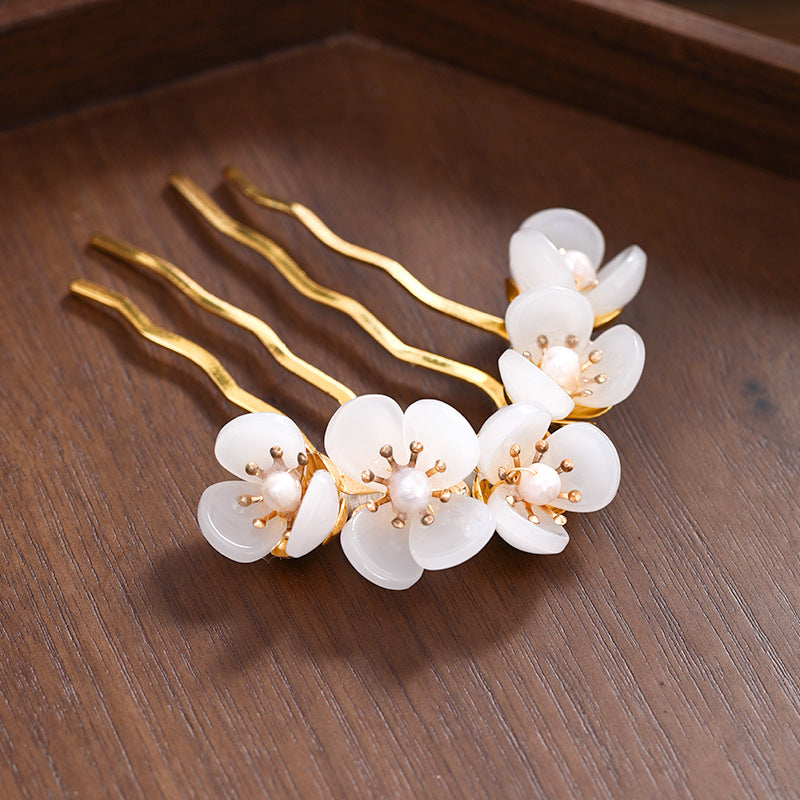 Antique Handmade Beaded Hairpin - White