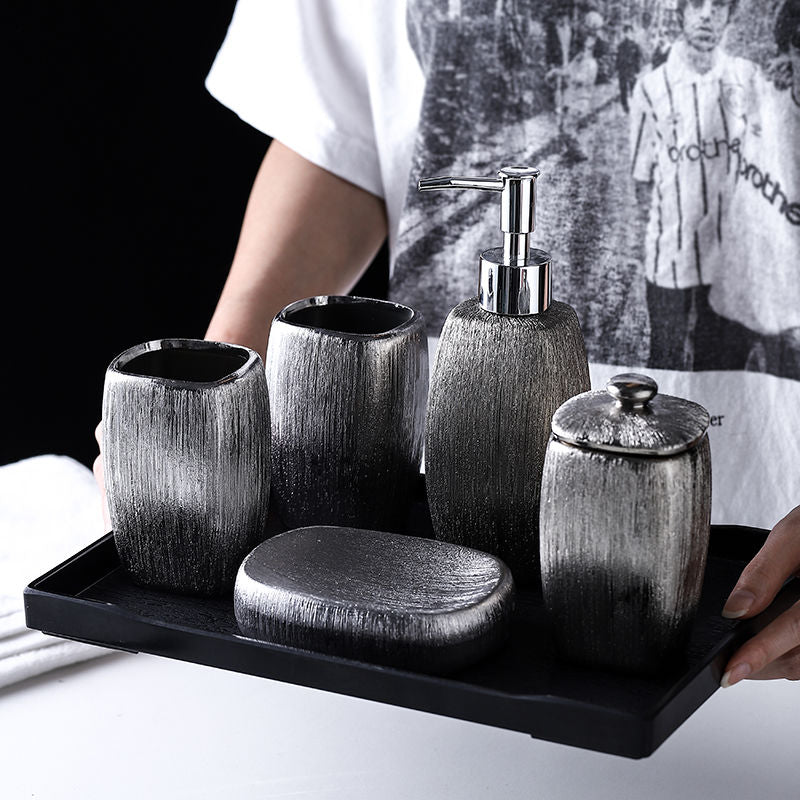 Five-Piece Silver Ceramic Bathroom Set - Eco-Friendly Home Storage